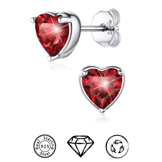 Solid 925 Sterling Silver Red Stud Earrings Heart Created Garnet Earrings for Women January Birthstone Jewelry Birthday Christmas Anniversary Gift for Her Wife Mom