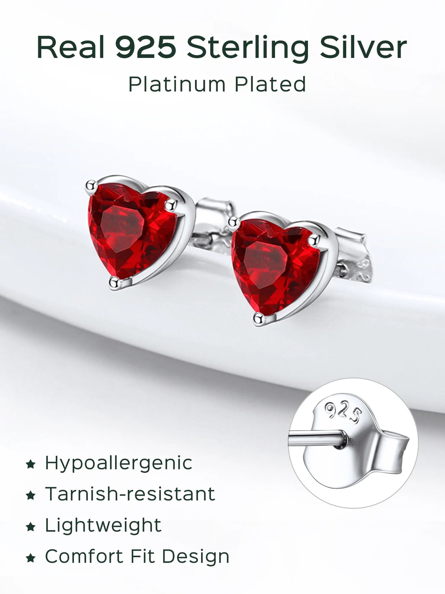 Solid 925 Sterling Silver Red Stud Earrings Heart Created Garnet Earrings for Women January Birthstone Jewelry Birthday Christmas Anniversary Gift for Her Wife Mom