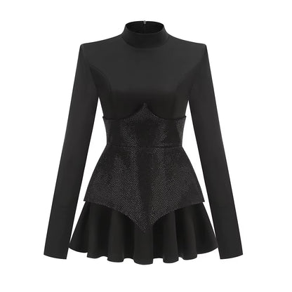 Long Sleeves Waist Sparkle Diamond Mini Dress