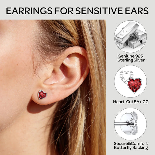 Solid 925 Sterling Silver Red Stud Earrings Heart Created Garnet Earrings for Women January Birthstone Jewelry Birthday Christmas Anniversary Gift for Her Wife Mom