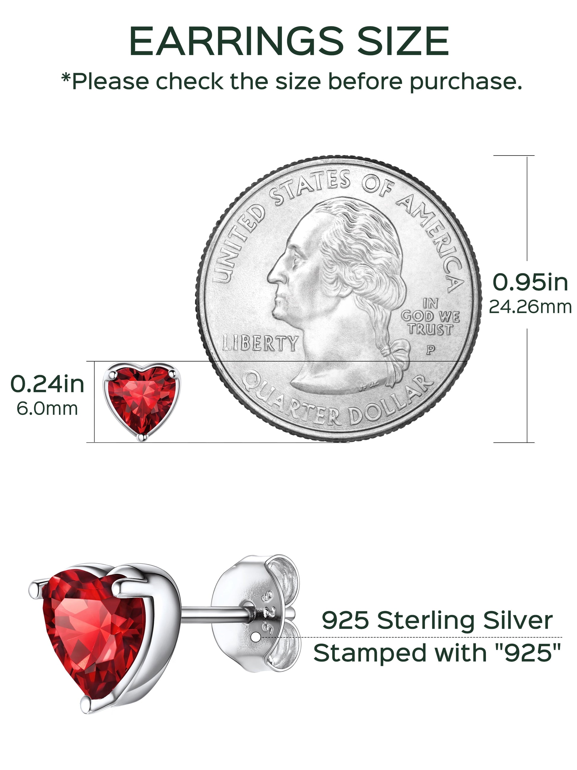 Solid 925 Sterling Silver Red Stud Earrings Heart Created Garnet Earrings for Women January Birthstone Jewelry Birthday Christmas Anniversary Gift for Her Wife Mom