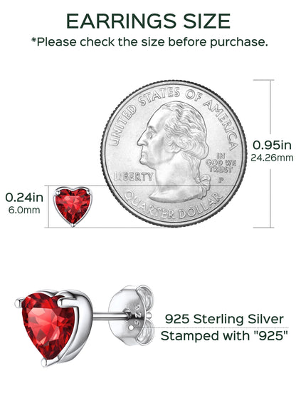 Solid 925 Sterling Silver Red Stud Earrings Heart Created Garnet Earrings for Women January Birthstone Jewelry Birthday Christmas Anniversary Gift for Her Wife Mom