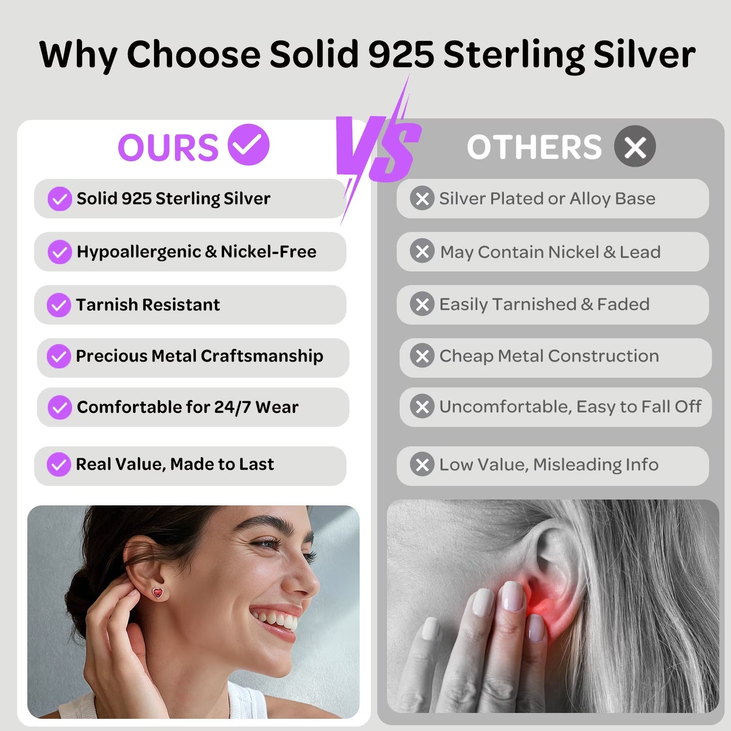 Solid 925 Sterling Silver Red Stud Earrings Heart Created Garnet Earrings for Women January Birthstone Jewelry Birthday Christmas Anniversary Gift for Her Wife Mom